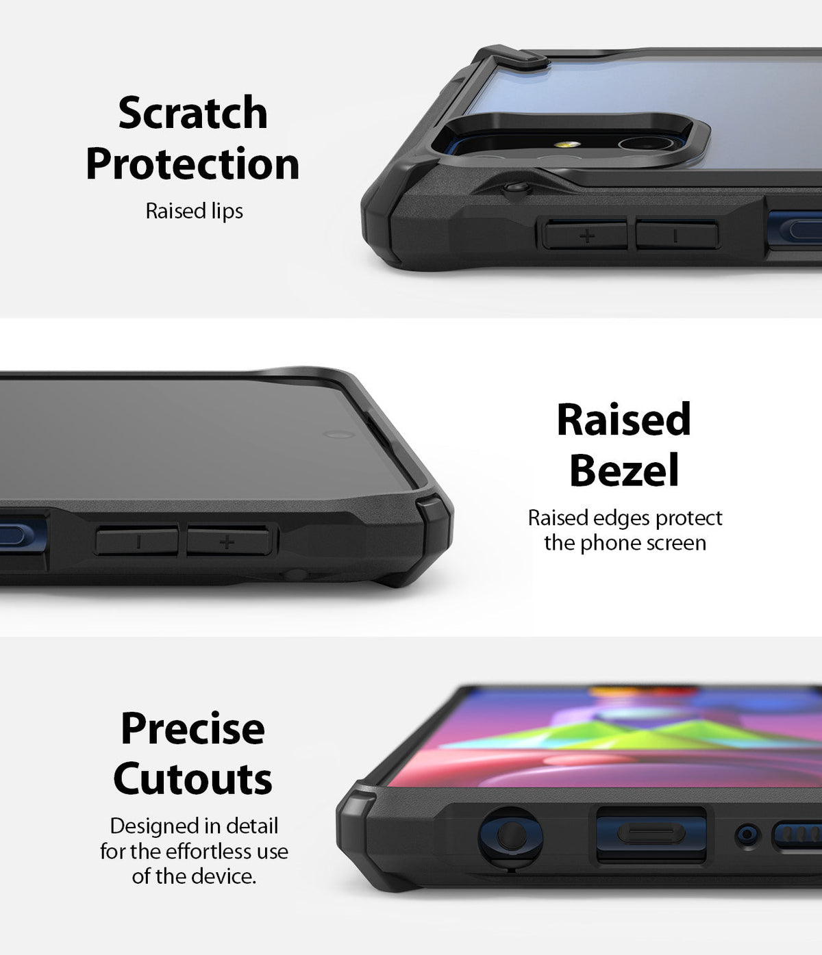 Galaxy M51 Case | Fusion-X - Three close-up views of a phone case highlighting raised camera lips, screen bezels, and port cutouts.