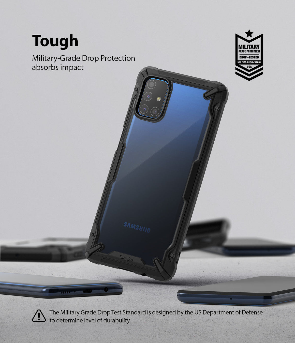 Galaxy M51 Case | Fusion-X - A black protective phone case with a clear back, featuring military-grade drop protection branding.