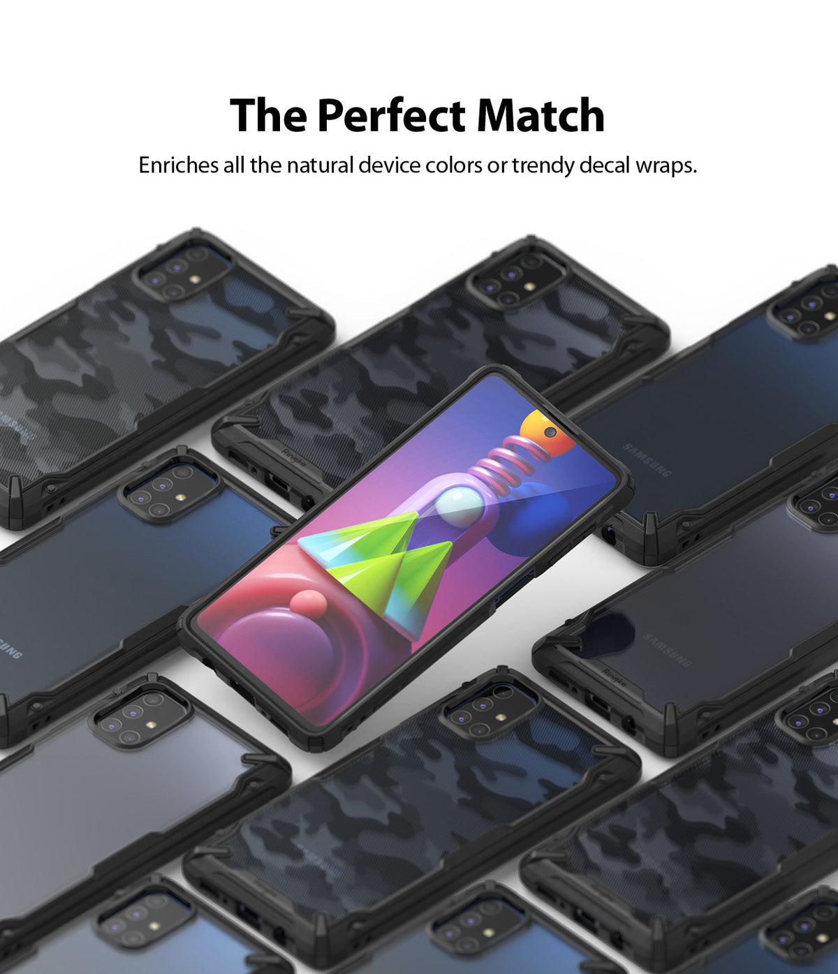 Galaxy M51 Case | Fusion-X - Multiple Galaxy M51 phones in black Fusion-X cases arranged around a central phone with a colorful screen.