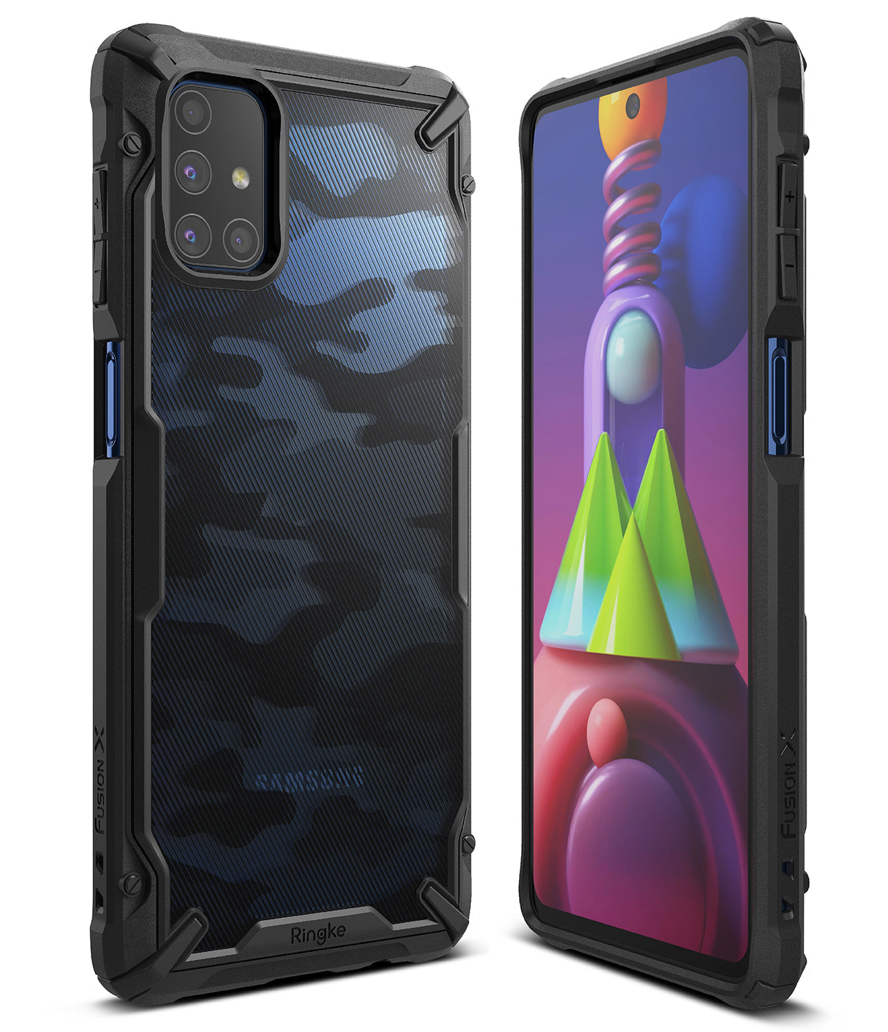 Galaxy M51 Case | Fusion-X - Black rugged phone case with camo back and reinforced corners shown from front and back.