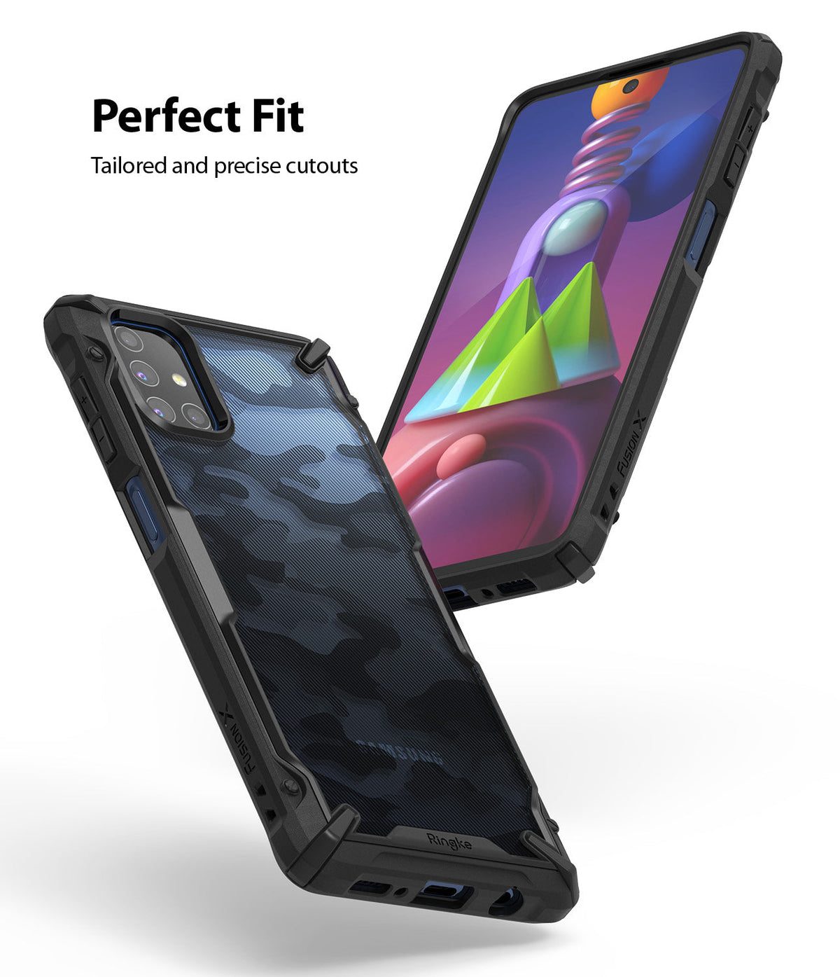 Galaxy M51 Case | Fusion-X - Two views of a black camouflage phone case on a Galaxy M51 with precise cutouts and text.