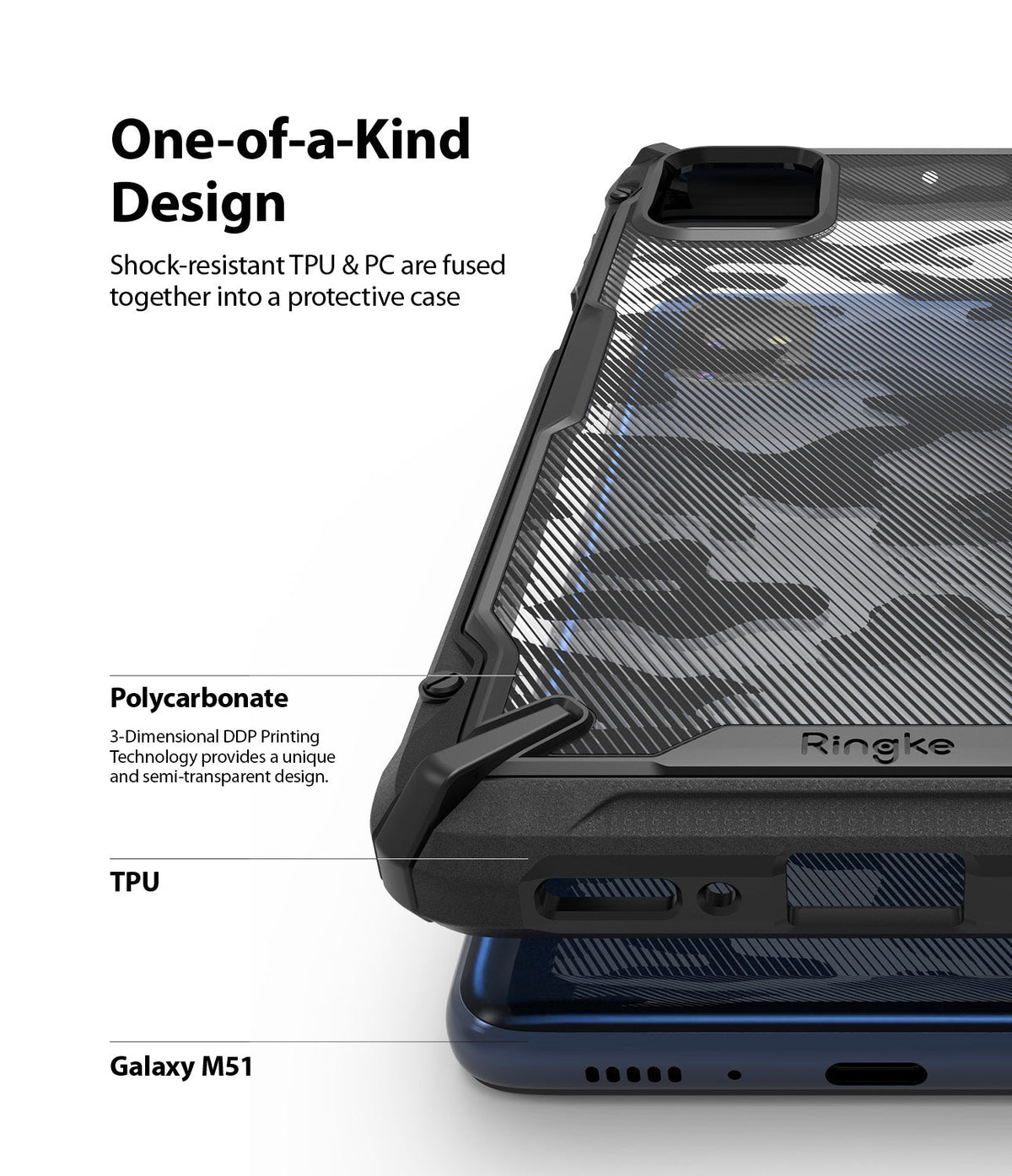 Galaxy M51 Case | Fusion-X - Close-up of a camo-patterned phone case highlighting its TPU and polycarbonate construction.