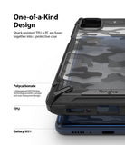 Galaxy M51 Case | Fusion-X - Close-up of a camo-patterned phone case highlighting its TPU and polycarbonate construction.