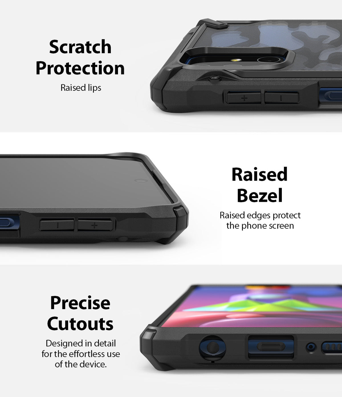Galaxy M51 Case | Fusion-X - Close-ups showing raised camera protection, screen bezels, and precise port cutouts on a phone case.