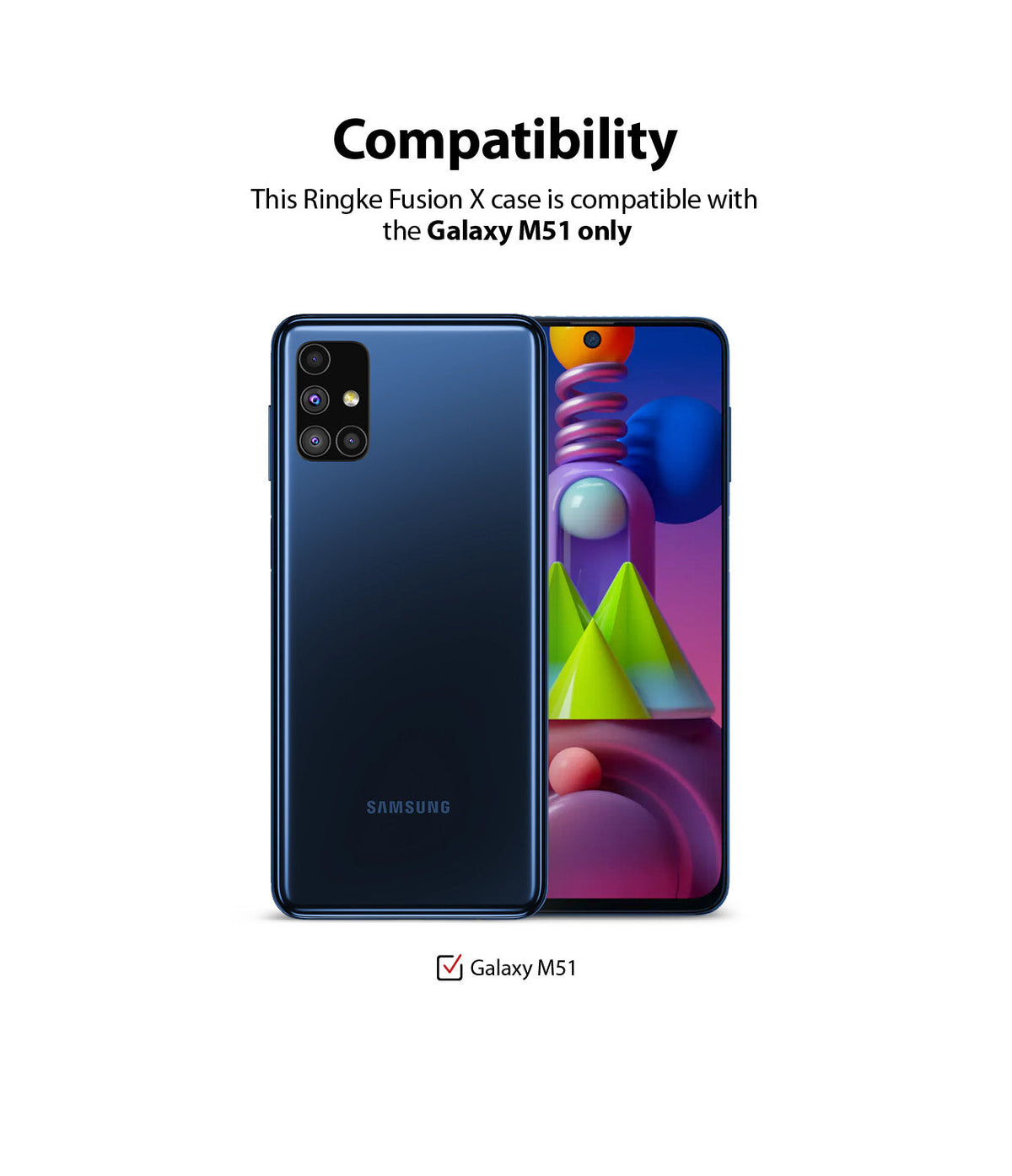 Galaxy M51 Case | Fusion-X - A Samsung Galaxy M51 phone shown from front and back, confirming compatibility with the Fusion-X case.