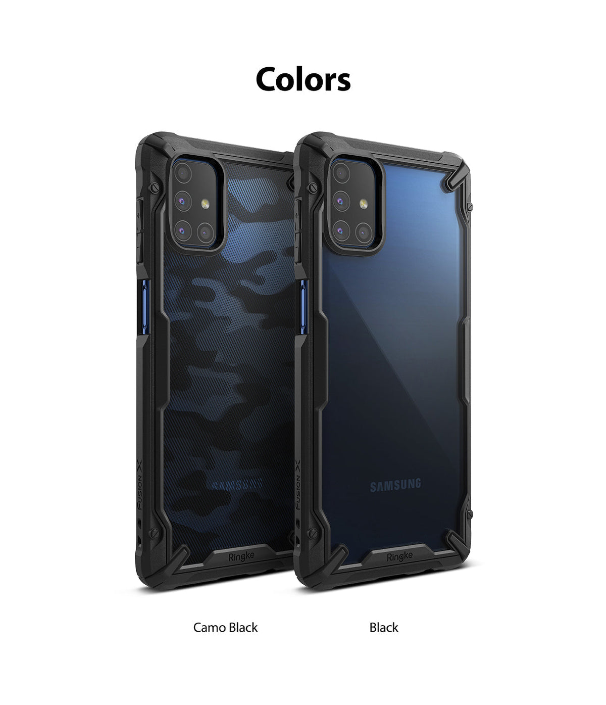 Galaxy M51 Case | Fusion-X - Two Galaxy M51 phones in Camo Black and Black Fusion-X protective cases against a white background.
