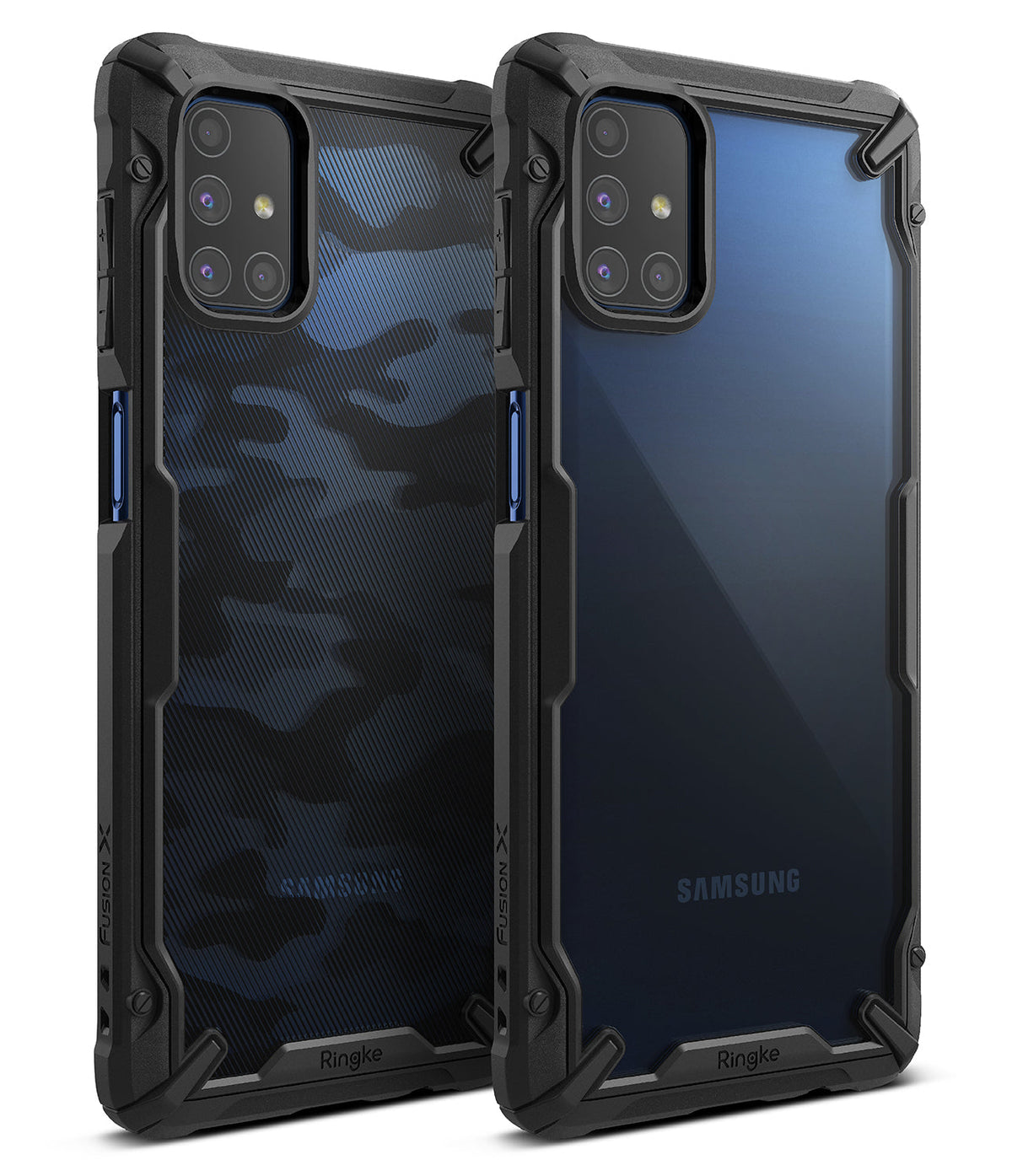 Galaxy M51 Case | Fusion-X - Two rugged black phone cases, one with a camo pattern and one clear, showing camera cutouts.