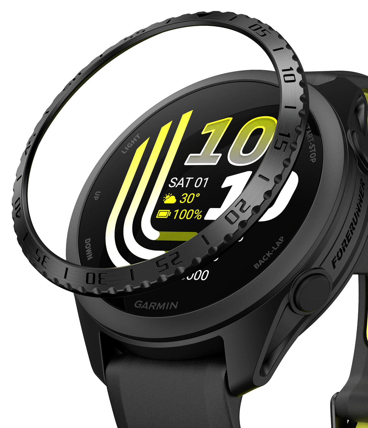 Forerunner 165 / 170 / 70 Bezel Styling | Bezel Styling - A close-up of a black Garmin smartwatch with a sport band, shown with a circular black ring accessory partially covering the watch face. The watch has a black bezel, black case, and a black strap with small yellow accents.