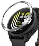 Forerunner 165 / 170 / 70 Bezel Styling | Bezel Styling - A close-up of a Garmin smartwatch with a black case and strap, featuring a transparent circular protective ring or bezel overlay around the upper portion of the watch face. The watch display is on and shows a digital watch face, with 'GARMIN' branding visible on the lower bezel.