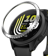 Forerunner 165 / 170 / 70 Bezel Styling | Bezel Styling - A close-up of a Garmin smartwatch with a black case and strap, featuring a transparent circular protective ring or bezel overlay around the upper portion of the watch face. The watch display is on and shows a digital watch face, with 'GARMIN' branding visible on the lower bezel.