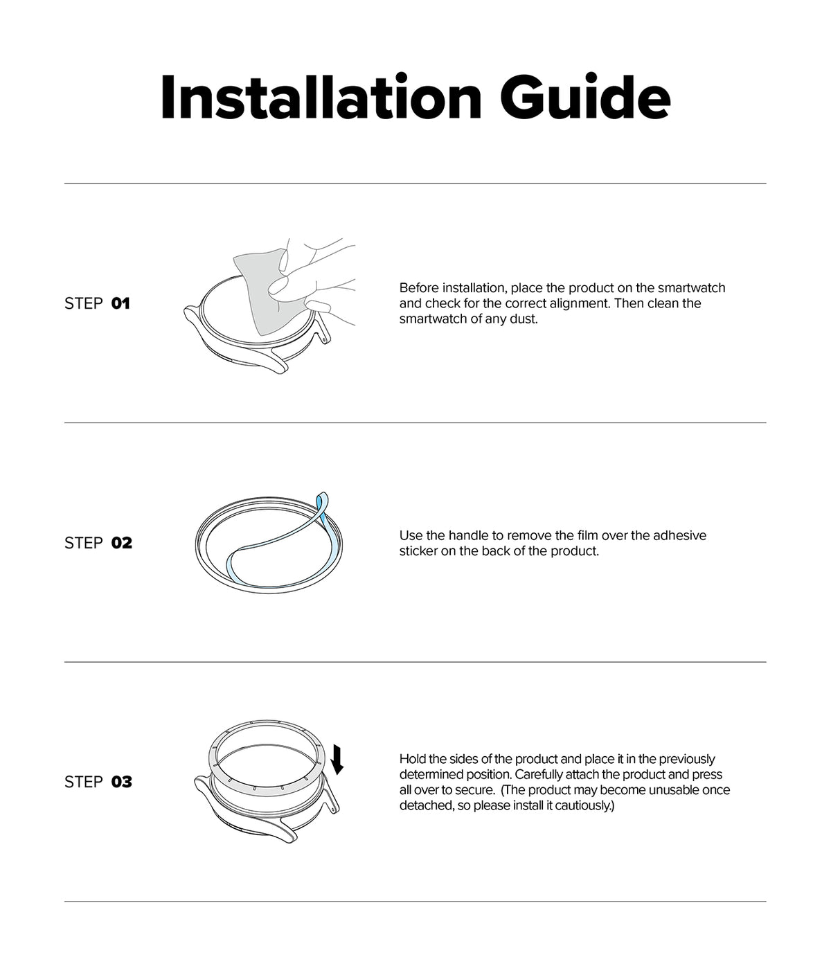 Forerunner 165 / 170 / 70 Bezel Styling | Bezel Styling - An installation guide diagram with three numbered steps showing how to apply a film to a circular product, including a hand in step 01 and instructional text on a white background.