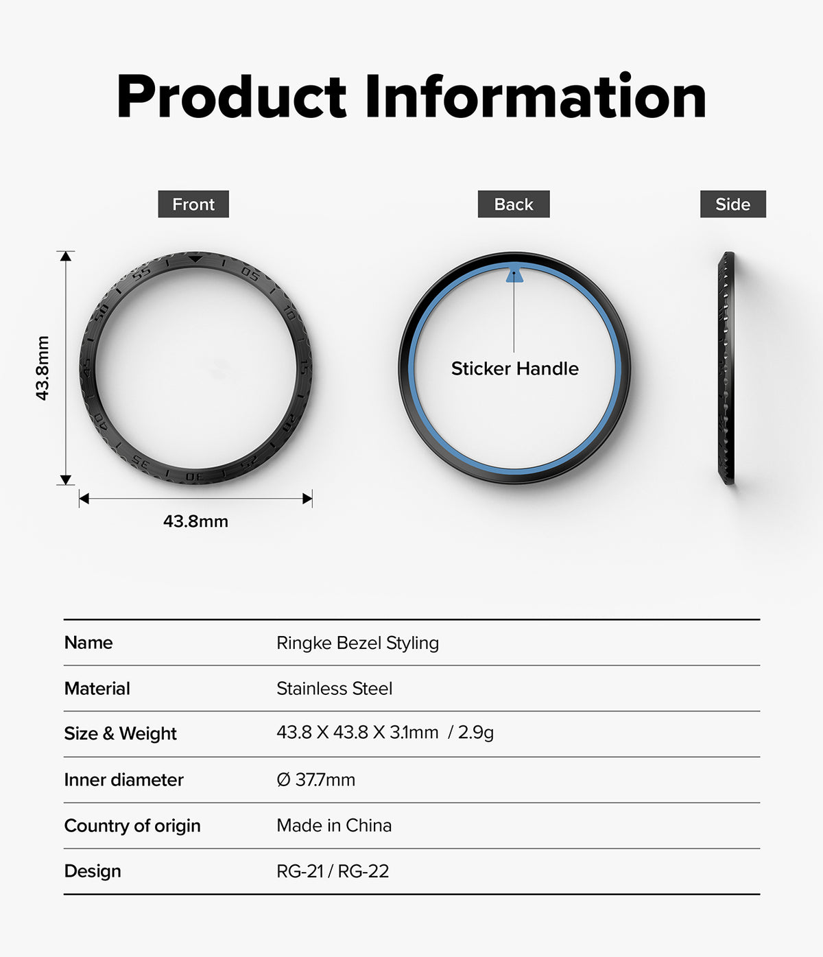Forerunner 165 / 170 / 70 Bezel Styling | Bezel Styling - Product information diagram for a Ringke Bezel Styling stainless steel ring, showing front, back, and side views with dimensions and a table of specifications on a light gray background.