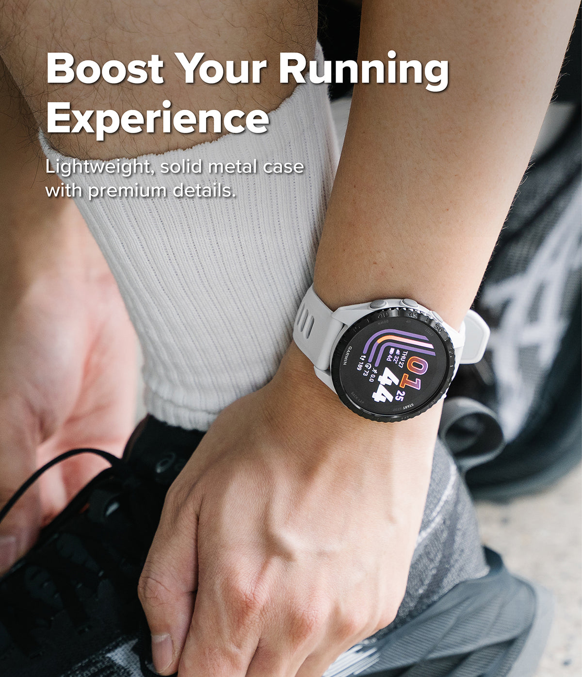 Forerunner 165 / 170 / 70 Bezel Styling | Bezel Styling - A close-up lifestyle shot of a person wearing a white smartwatch with a round black display and a white strap. The person is also wearing white socks and black running shoes, with promotional text on the left reading 'Boost Your Running Experience'.