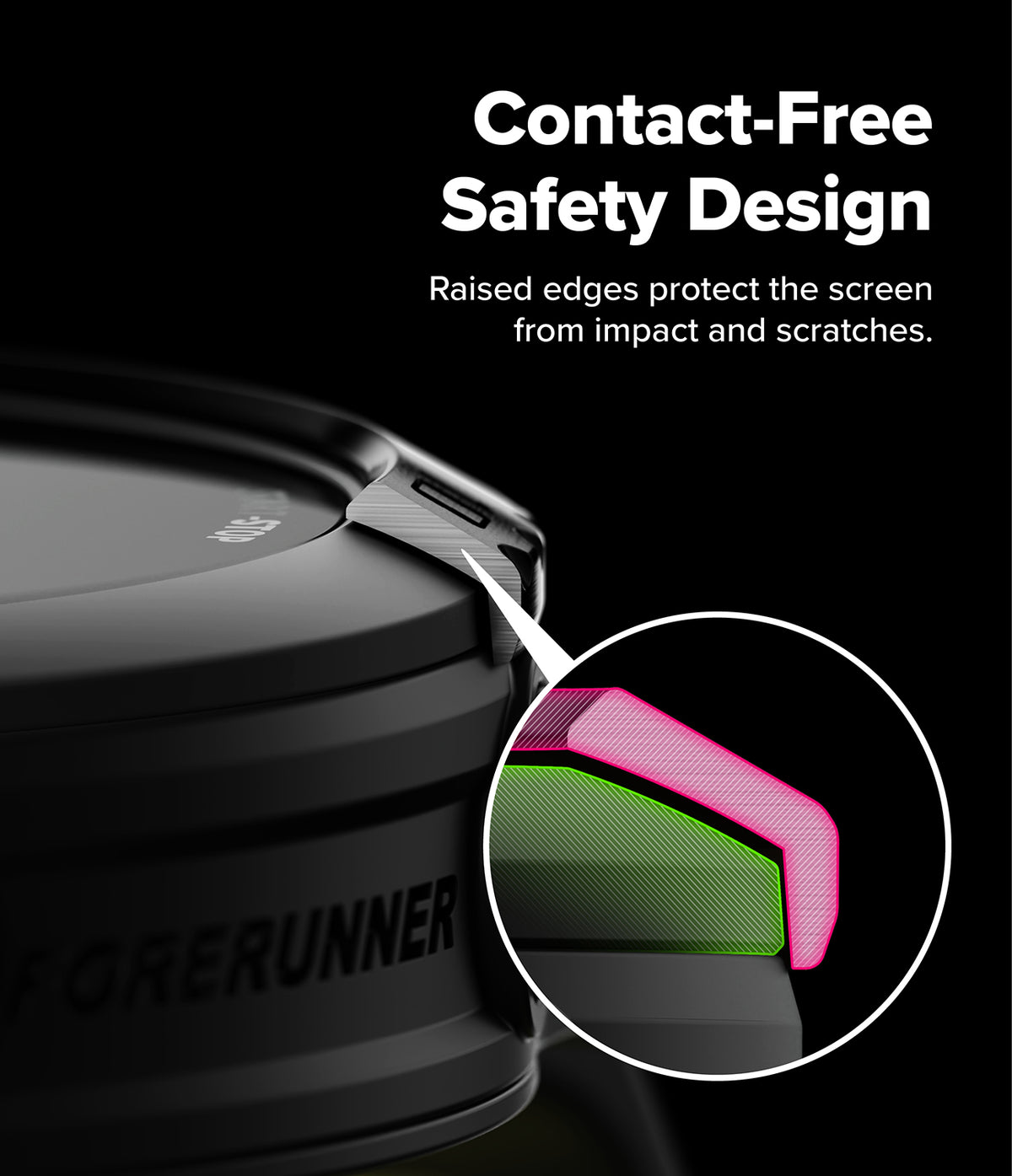 Forerunner 165 / 170 / 70 Bezel Styling | Bezel Styling - Close-up of a black cylindrical product with raised edges and a circular inset showing a pink and green screen protector design, with text reading 'Contact-Free Safety Design' on a black background.