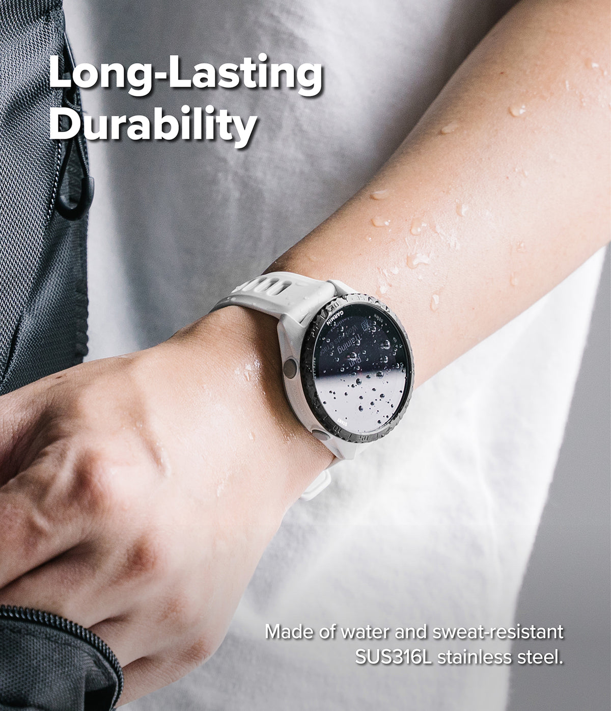 Forerunner 165 / 170 / 70 Bezel Styling | Bezel Styling - A close-up of a person's wrist wearing a silver smartwatch with a white band, with water droplets on the skin. Text overlays read 'Long-Lasting Durability' and 'Made of water and sweat-resistant SUS316L stainless steel.