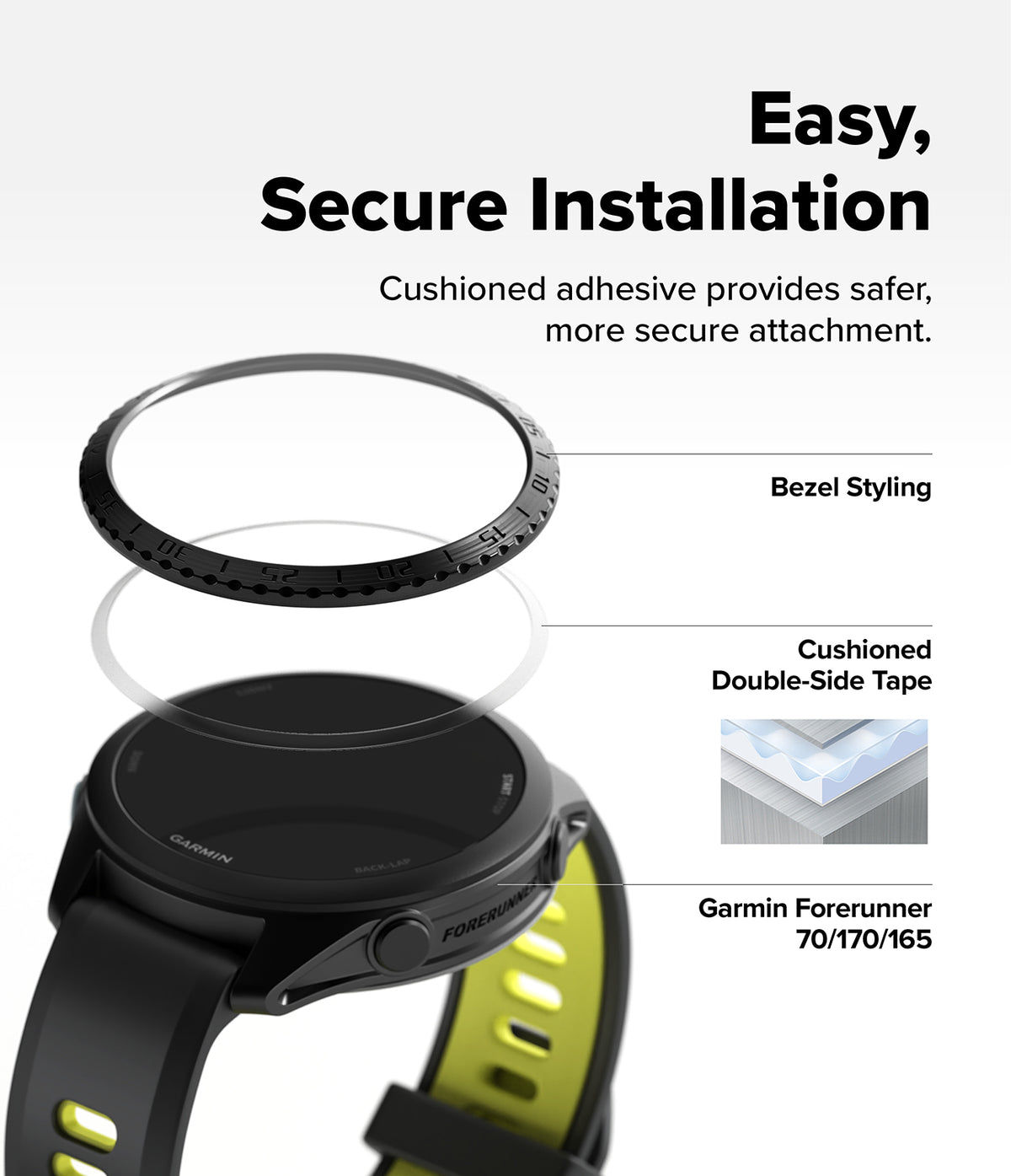 Forerunner 165 / 170 / 70 Bezel Styling | Bezel Styling - A smartwatch screen protector with a black bezel ring and double-sided adhesive tape, shown floating above a Garmin Forerunner watch. The graphic includes text highlighting 'Easy, Secure Installation' and callouts for 'Bezel Styling', 'Cushioned Double-Side Tape', and compatibility with 'Garmin Forerunner 70/170/165'.