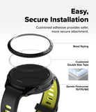 Forerunner 165 / 170 / 70 Bezel Styling | Bezel Styling - A smartwatch screen protector with a black bezel ring and double-sided adhesive tape, shown floating above a Garmin Forerunner watch. The graphic includes text highlighting 'Easy, Secure Installation' and callouts for 'Bezel Styling', 'Cushioned Double-Side Tape', and compatibility with 'Garmin Forerunner 70/170/165'.