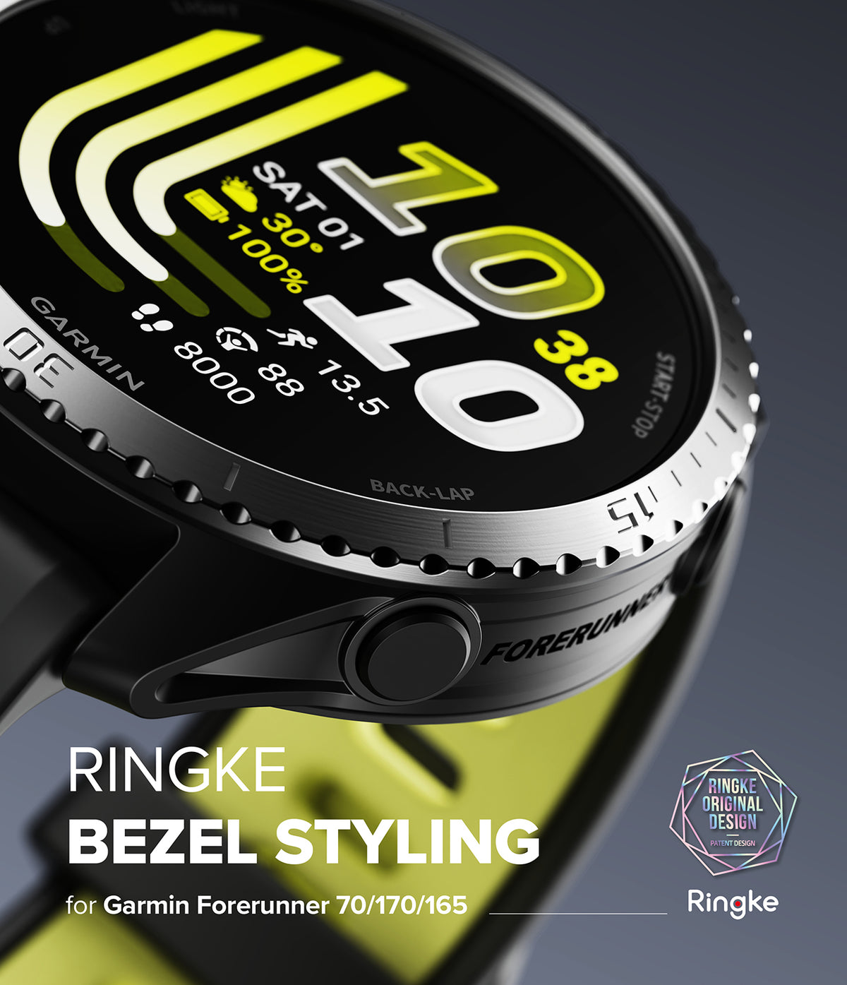 Forerunner 165 / 170 / 70 Bezel Styling | Bezel Styling - Close-up promotional render of a smartwatch bezel with a black and metallic silver ring around a dark display, with bright yellow-green graphic overlays and text reading 'RINGKE BEZEL STYLING' and 'for Garmin Forerunner 70/170/165'. The Ringke logo appears in the lower right.