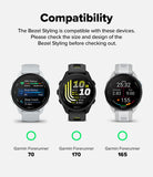 Forerunner 165 / 170 / 70 Bezel Styling | Bezel Styling - Compatibility graphic showing three smartwatches labeled Garmin Forerunner 70, Garmin Forerunner 170, and Garmin Forerunner 165 under the heading 'Compatibility' with text explaining Bezel Styling compatibility.