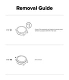 Forerunner 165 / 170 / 70 Bezel Styling | Bezel Styling - A black-and-white Removal Guide page showing two illustrated steps for taking off a smartwatch band. The top header reads 'Removal Guide,' with Step 01 showing a watch band and a small icon, and Step 02 showing the same watch band with text to lift it off.