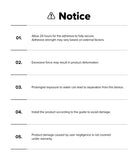 Forerunner 165 / 170 / 70 Bezel Styling | Bezel Styling - A black and white printed notice sheet with an warning icon and five numbered instructions about adhesive curing, force sensitivity, water exposure, installation, and warranty coverage.