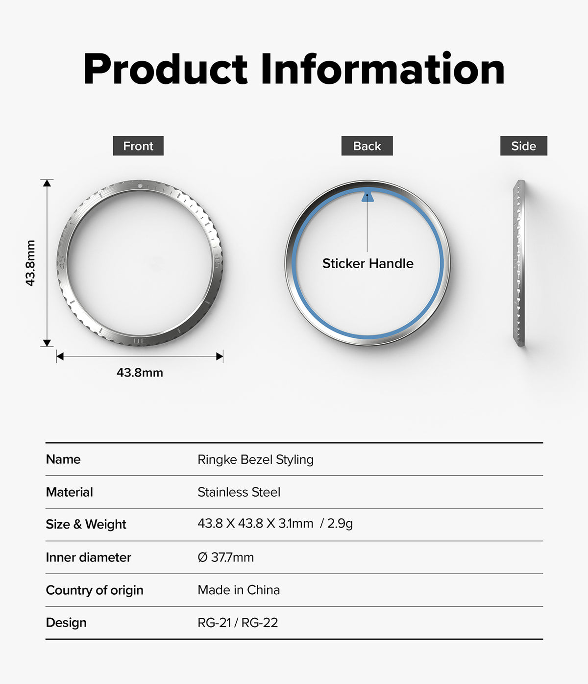 Forerunner 165 / 170 / 70 Bezel Styling | Bezel Styling - Product information diagram for a stainless steel ring bezel styling tool, showing front, back, and side views with dimensions, labeled sticker handle, and a specification table below.