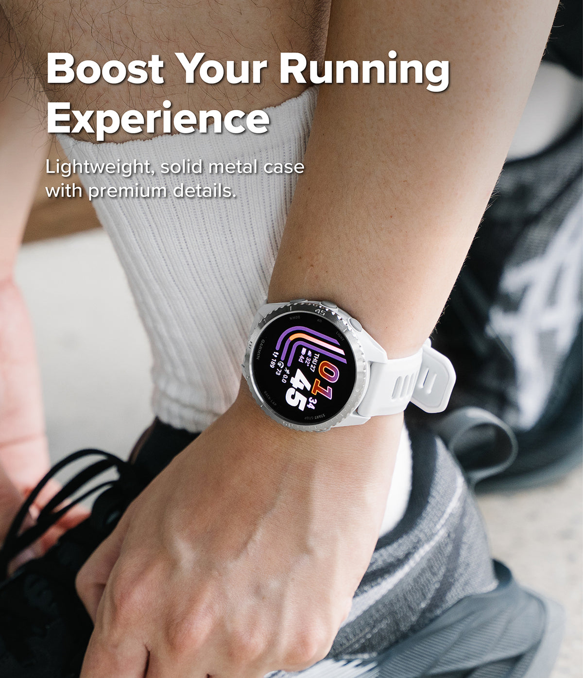 Forerunner 165 / 170 / 70 Bezel Styling | Bezel Styling - A close-up of a person's wrist wearing a white smartwatch with a round silver-toned metal case and a colorful display. The person is dressed in white athletic socks and gray running shoes, with promotional text overlay on the left reading 'Boost Your Running Experience'.