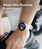 Forerunner 165 / 170 / 70 Bezel Styling | Bezel Styling - A close-up of a person's wrist wearing a white smartwatch with a round silver-toned metal case and a colorful display. The person is dressed in white athletic socks and gray running shoes, with promotional text overlay on the left reading 'Boost Your Running Experience'.