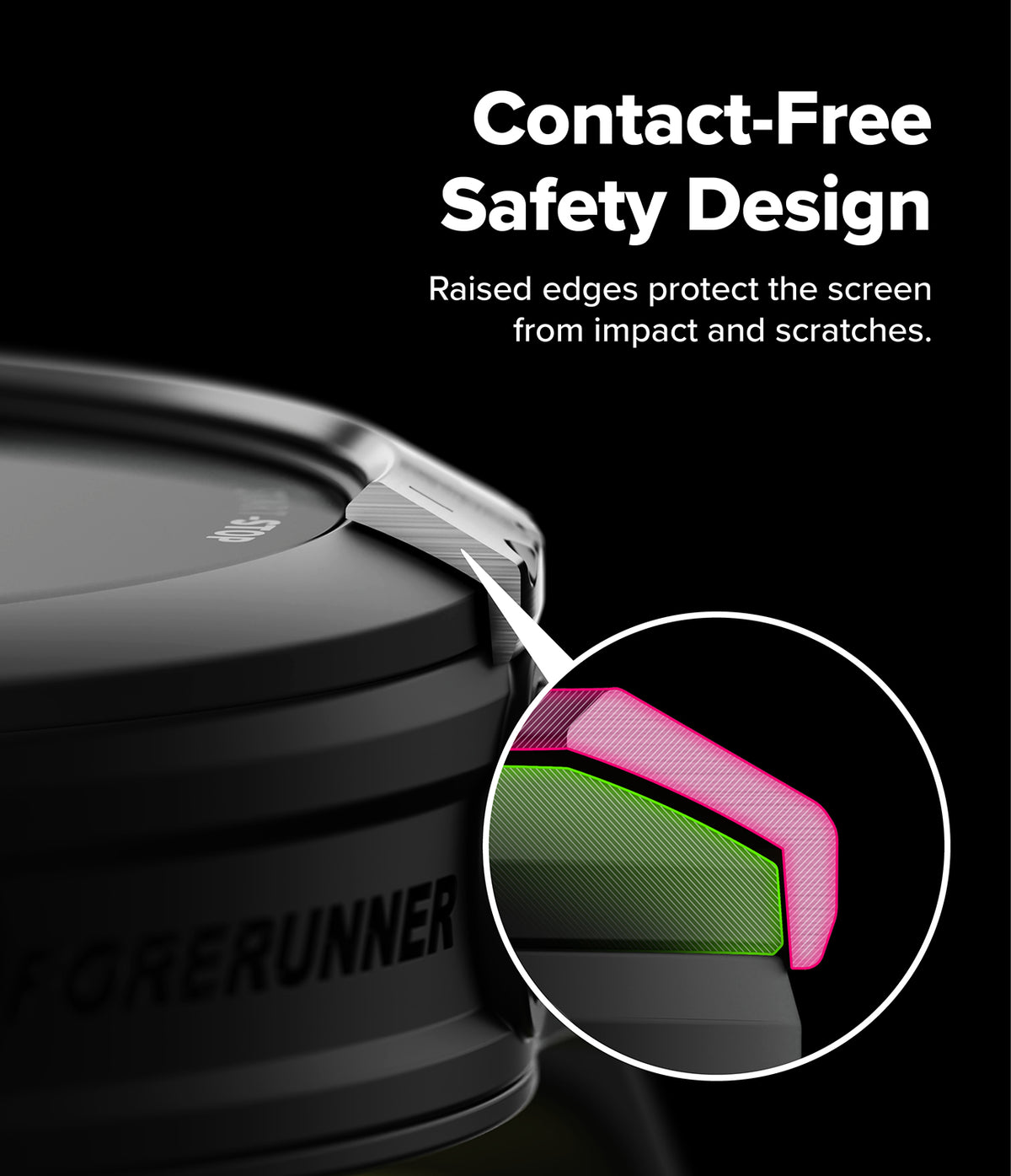Forerunner 165 / 170 / 70 Bezel Styling | Bezel Styling - Close-up of a black cylindrical product with raised edges and a circular inset showing a pink and green screen protector design, with text reading 'Contact-Free Safety Design' on a black background.