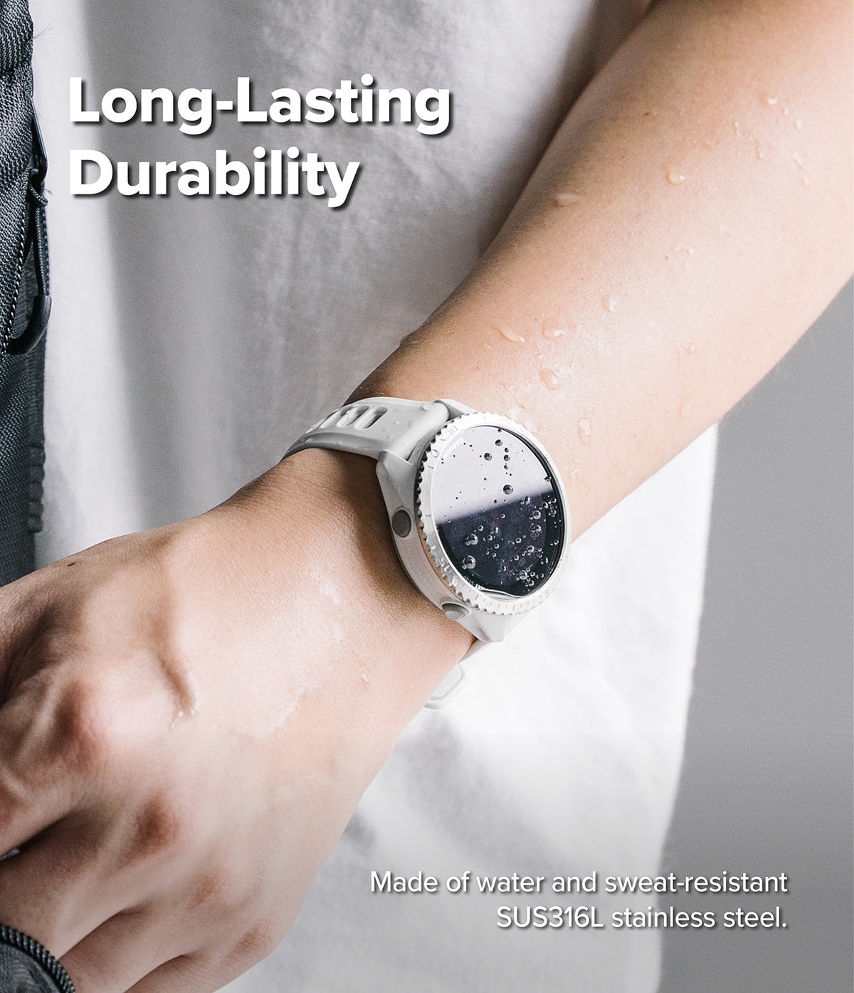 Forerunner 165 / 170 / 70 Bezel Styling | Bezel Styling - A close-up of a person's wrist wearing a silver smartwatch with a light gray strap, with water droplets on the skin and watch face. Text overlays read 'Long-Lasting Durability' and 'Made of water and sweat-resistant SUS316L stainless steel.
