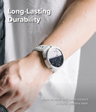 Forerunner 165 / 170 / 70 Bezel Styling | Bezel Styling - A close-up of a person's wrist wearing a silver smartwatch with a light gray strap, with water droplets on the skin and watch face. Text overlays read 'Long-Lasting Durability' and 'Made of water and sweat-resistant SUS316L stainless steel.