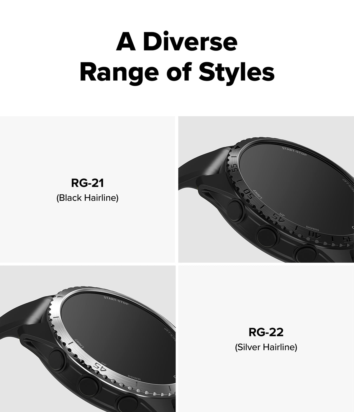Forerunner 165 / 170 / 70 Bezel Styling | Bezel Styling - Promotional graphic showing two smartwatch face styles under the heading 'A Diverse Range of Styles.' The top-right panel shows a black smartwatch with a dark face and text reading 'RG-21 (Black Hairline)'; the bottom-right panel shows a silver smartwatch with a dark face and text reading 'RG-22 (Silver Hairline)'.