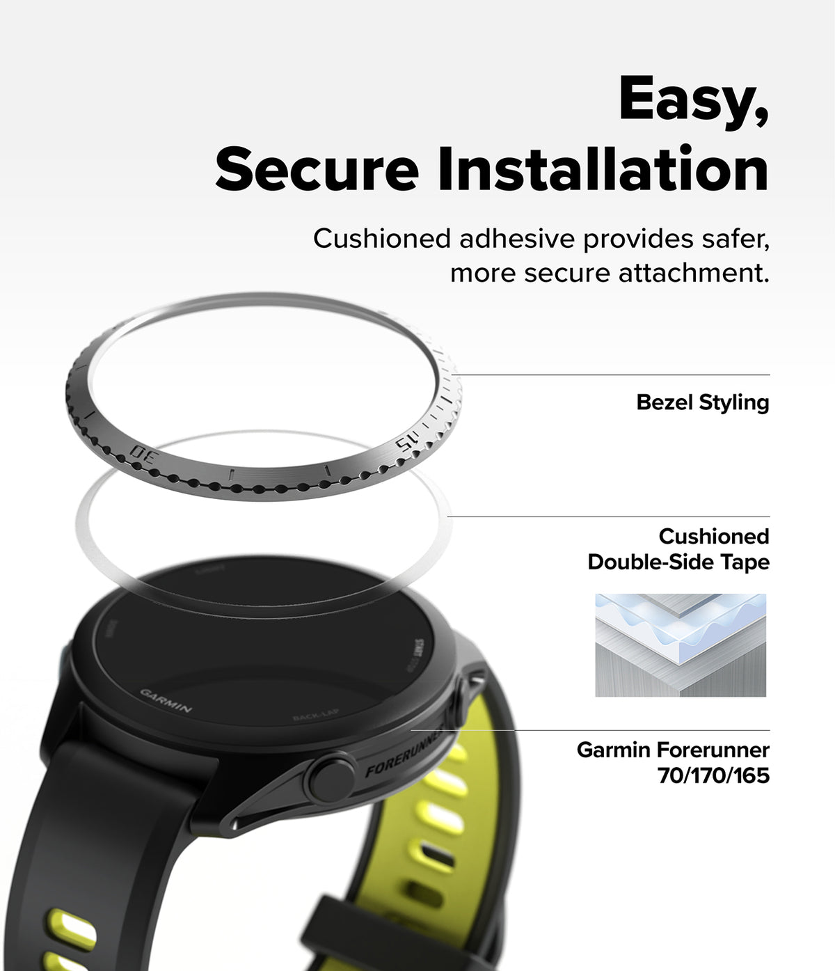 Forerunner 165 / 170 / 70 Bezel Styling | Bezel Styling - Promotional graphic for a smartwatch band or watch face accessory showing an exploded view of the product components and text reading 'Easy, Secure Installation,' with labels for bezel styling, cushioned double-side tape, and compatibility with a Garmin Forerunner 70/170/165.