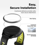 Forerunner 165 / 170 / 70 Bezel Styling | Bezel Styling - Promotional graphic for a smartwatch band or watch face accessory showing an exploded view of the product components and text reading 'Easy, Secure Installation,' with labels for bezel styling, cushioned double-side tape, and compatibility with a Garmin Forerunner 70/170/165.
