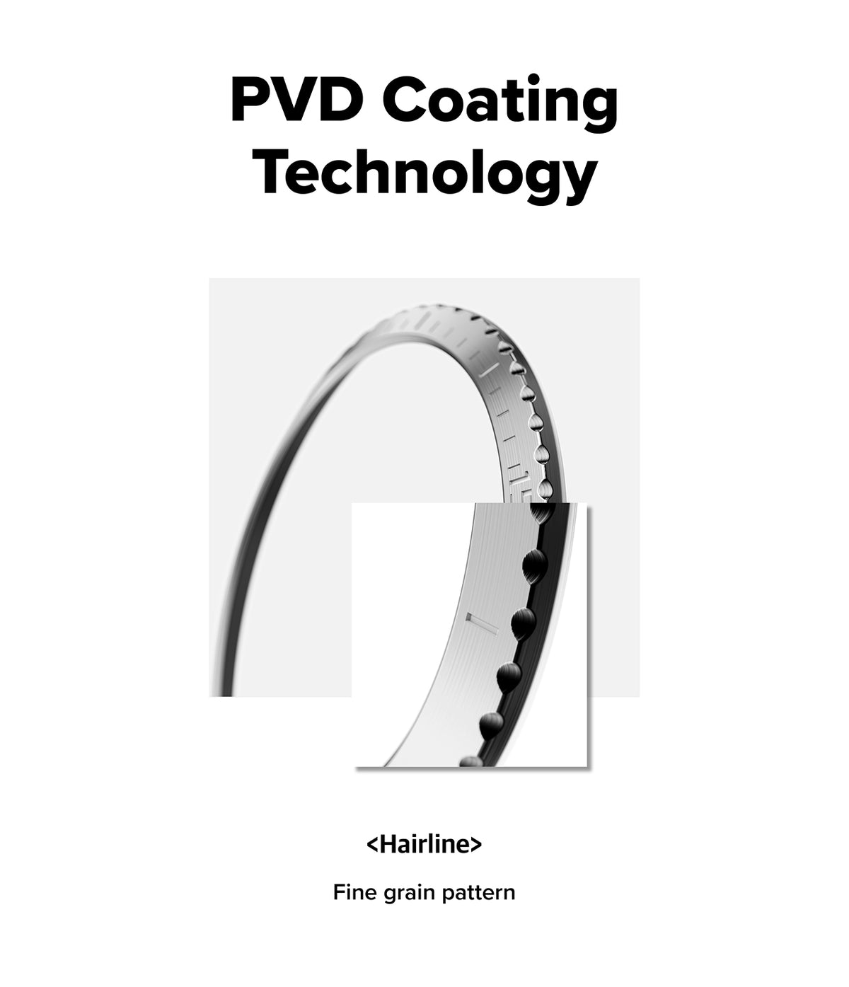 Forerunner 165 / 170 / 70 Bezel Styling | Bezel Styling - A white informational graphic titled 'PVD Coating Technology' with a grayscale close-up of a hairline showing a fine grain pattern and the text '<Hairline>' and 'Fine grain pattern' below.