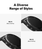 Forerunner 265 | Bezel Styling - Two close-up views of black Forerunner 265 watch bezels labeled RG-11 and RG-12 with hairline finishes.