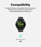Forerunner 265 | Bezel Styling - A black Garmin Forerunner 265 smartwatch displayed above its model name and a green circle icon.