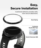 Forerunner 265 | Bezel Styling - Exploded view showing bezel, adhesive tape, and Garmin Forerunner 265 watch body.