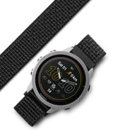 Forerunner 955 | Bezel Styling - Garmin Forerunner 955 with a textured silver bezel and black woven watch band on a white background.