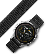 Forerunner 955 | Bezel Styling - Silver metal bezel on a Garmin Forerunner 955 watch with a black textured nylon strap.