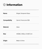 Forerunner 955 Screen Protector | Glass - R6 - Information table listing product name, compatibility, material, size, and origin.