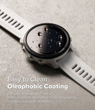 Forerunner 955 Screen Protector | Glass - R6 - Forerunner 955 Screen Protector - Garmin watch with a white band and water droplets beading on the glass screen.