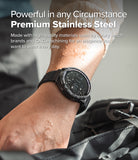Forerunner 965 | Bezel Styling & Band - Forerunner 965 - Close-up of a black stainless steel smartwatch on a wrist with water droplets on the screen and skin.