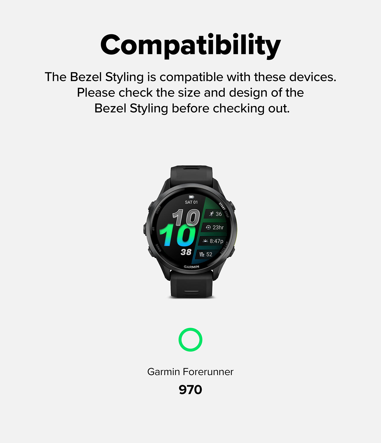 Forerunner 970 | Bezel Styling - Forerunner 970 | A black Garmin Forerunner 970 smartwatch with a digital display, centered above its model name.