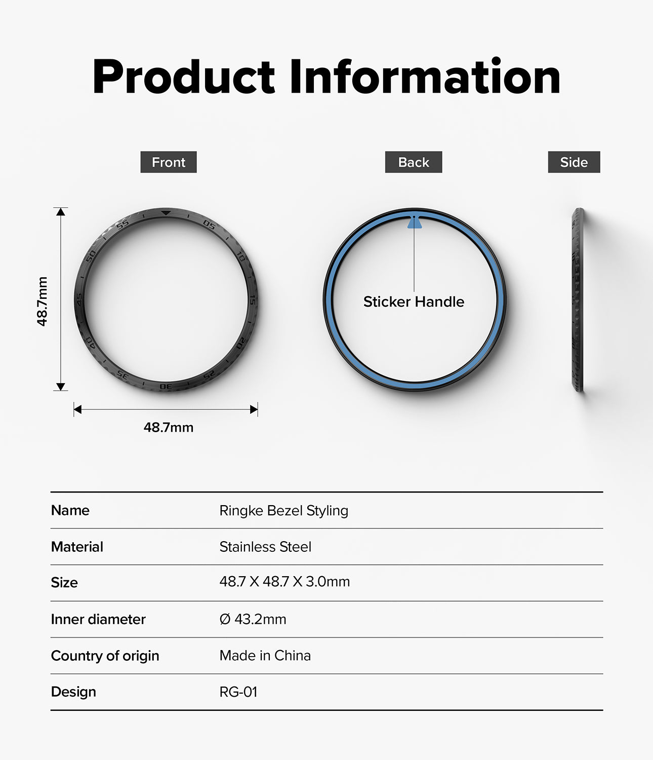 Forerunner 970 | Bezel Styling - Technical diagram showing front, back, and side views of a stainless steel watch bezel.