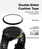 Forerunner 970 | Bezel Styling - Exploded view showing a bezel, adhesive tape, and a Garmin Forerunner 970 smartwatch.