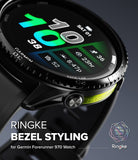 Forerunner 970 | Bezel Styling - Close-up of a black textured watch bezel on a Garmin Forerunner 970 with neon green accents.