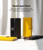Galaxy Note 20 Ultra Case | Folio Signature Yellow - Black and yellow leather folio cases with a stylus on a table.