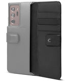 Galaxy Note 20 Ultra Case | Folio Signature+ - Open black leather wallet case with card slots and a magnetic snap.