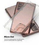Galaxy Note 20 Case | Air - Clear glitter phone case overlaying a bronze Galaxy Note 20 smartphone.